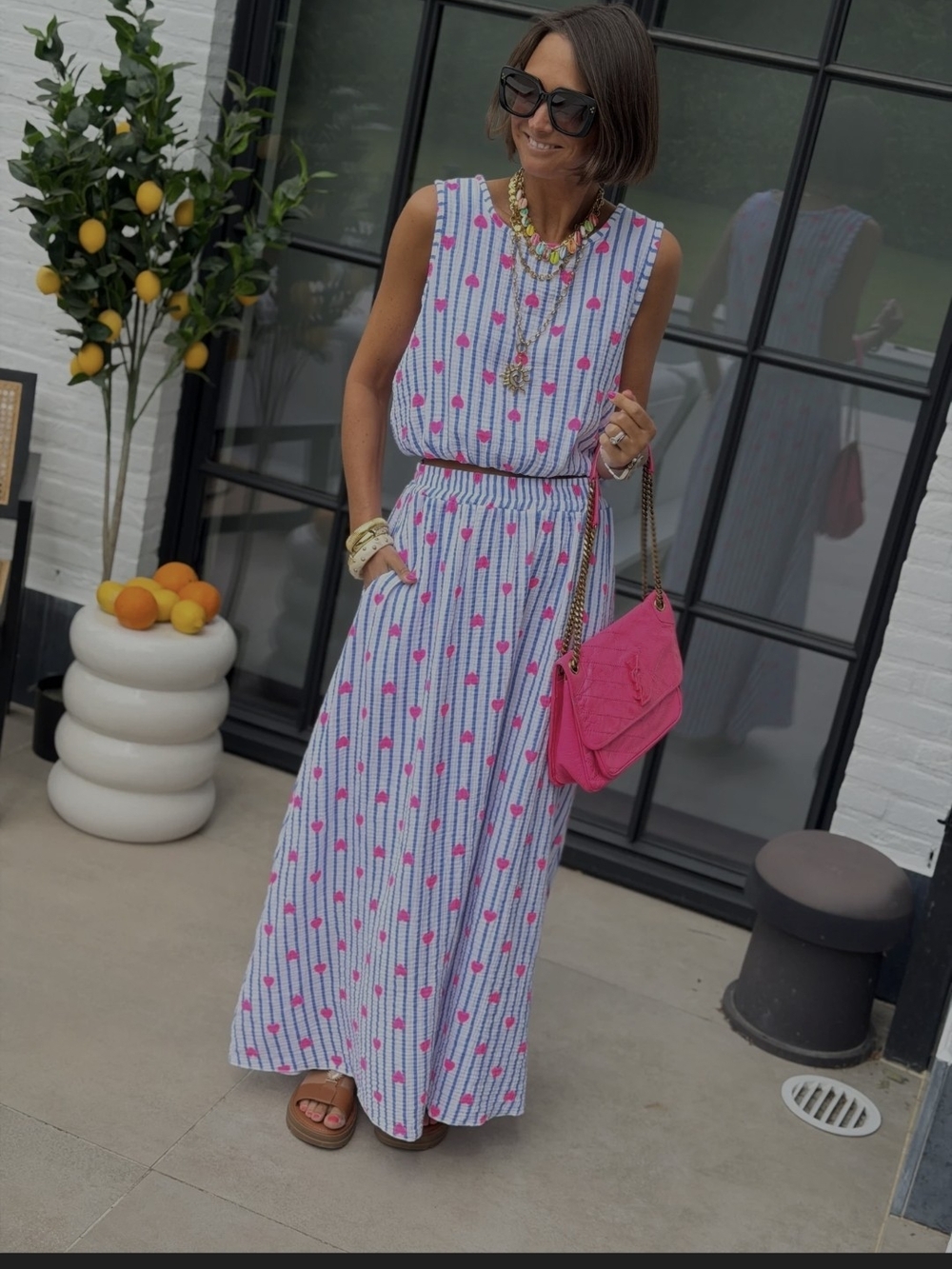 Sleeveless Striped Maxi Skirt and Top Set in Blue with Pink Hearts